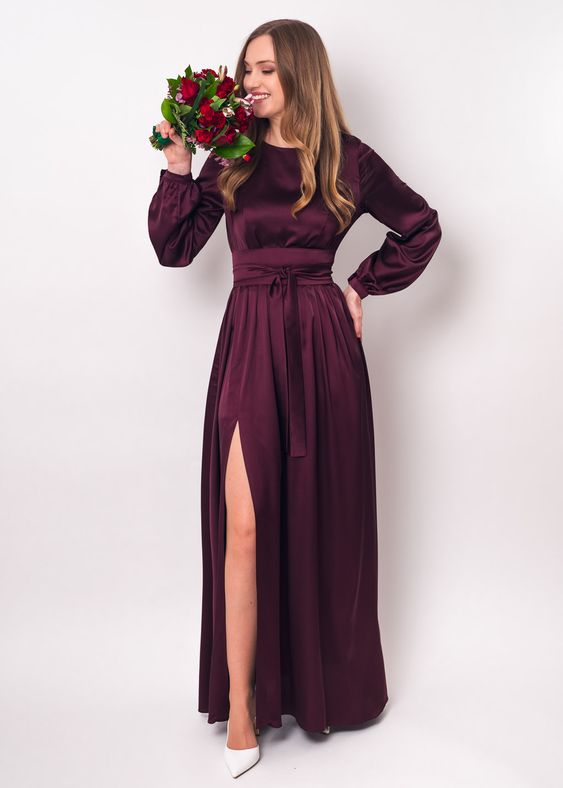 Dark burgundy silk maxi dress.