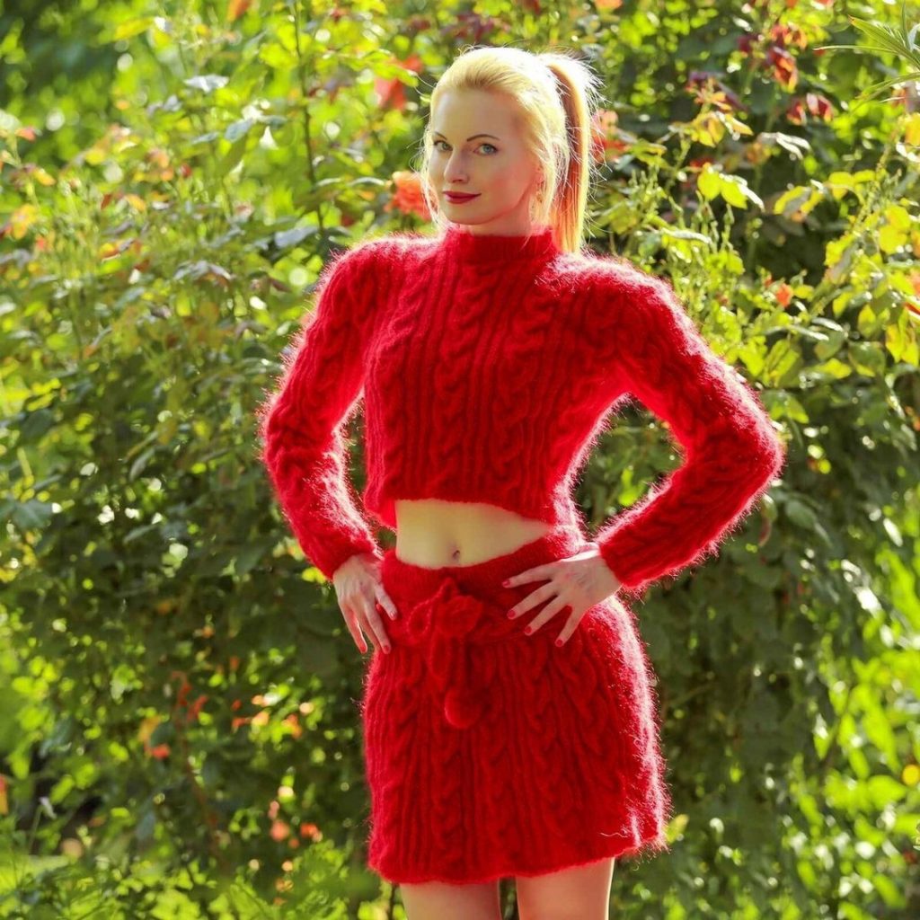 long-sleeved mohair sweater in red with short skirt.