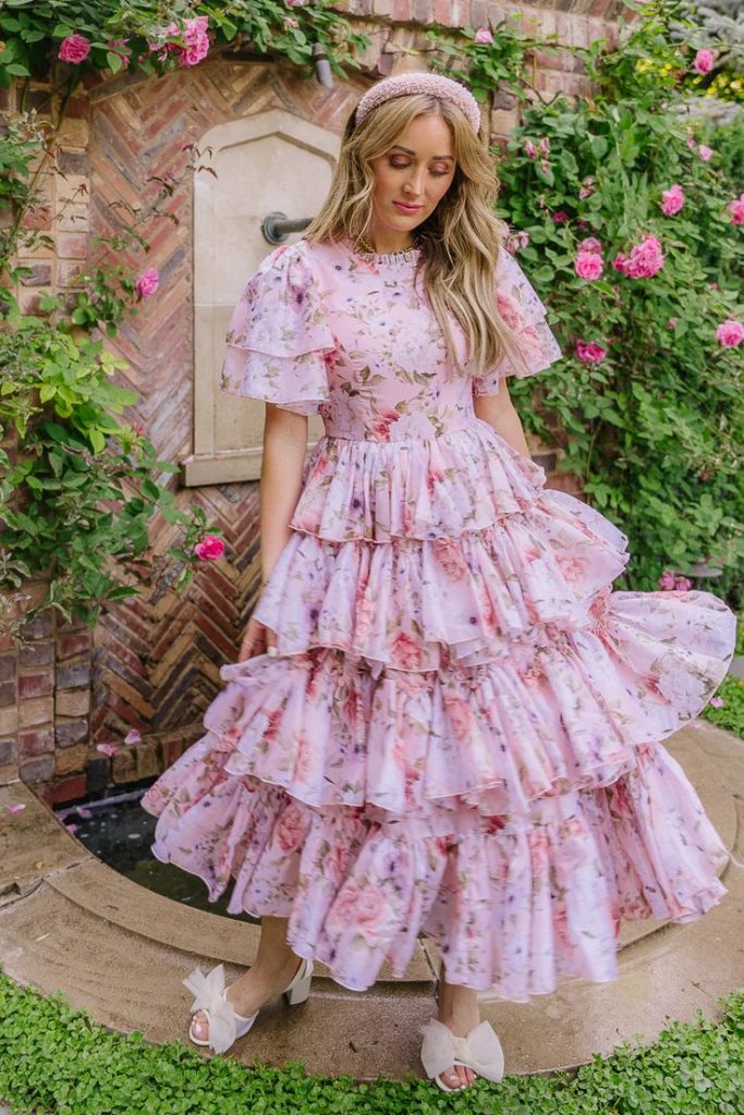 Pink Ruffled Floral Print Maxi Dress