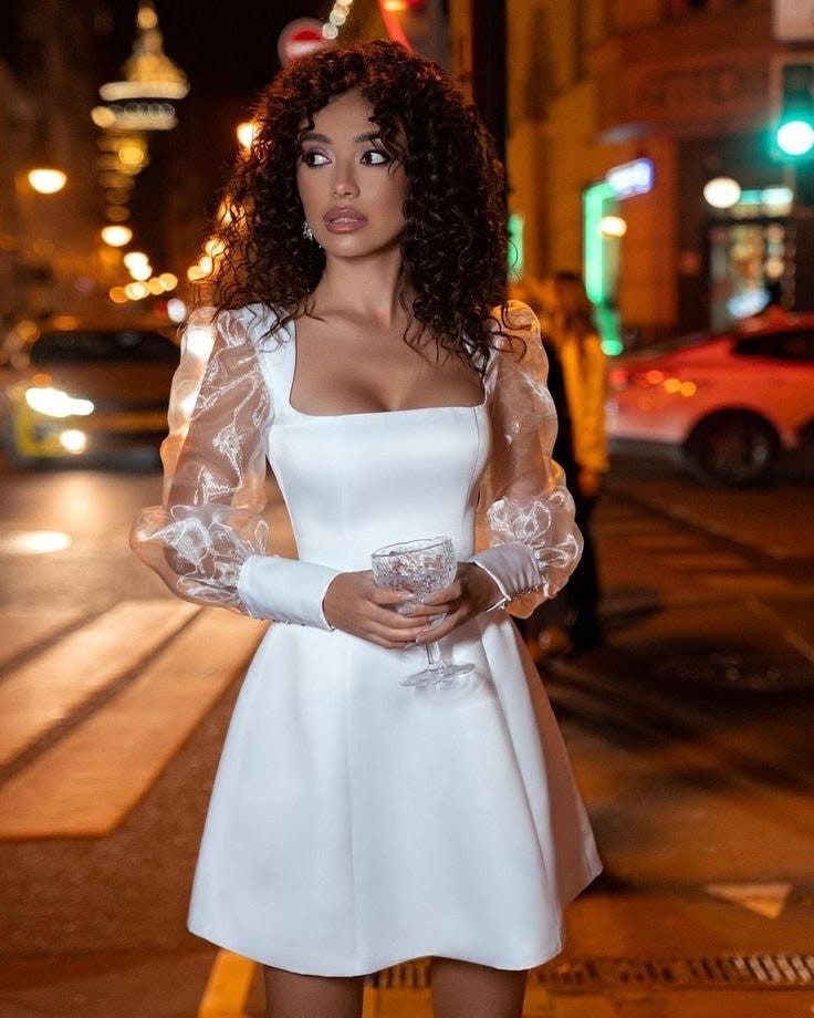 White Mini Dress With Sheer Long Sleeves