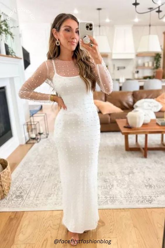 White Dress With Mesh Pearl Cover Up