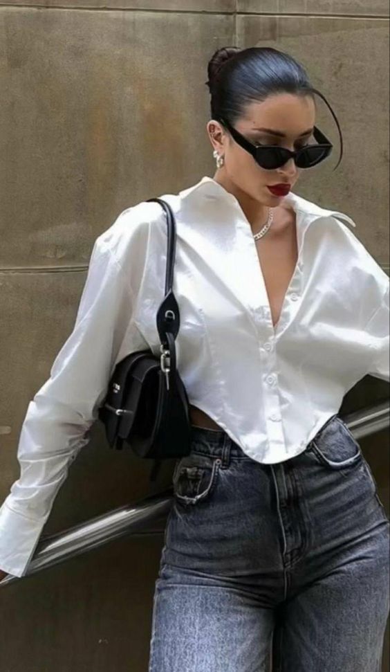 Chic concert outfit, featuring white shirt-inspired blouse.
