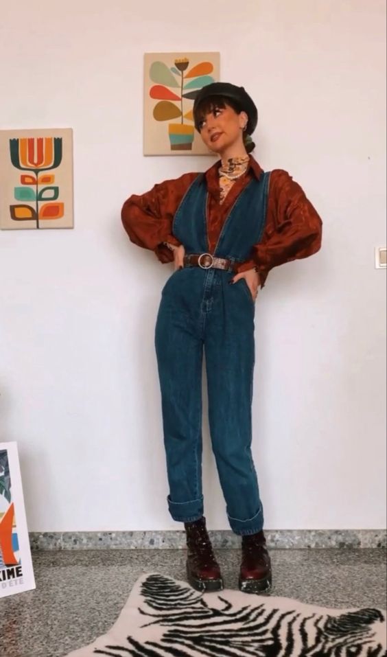 Deep-V Belted 90s Party Dungaree with Collared Blouse