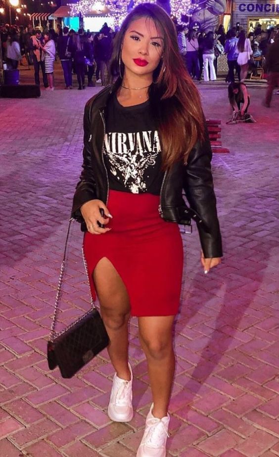 Red Slit Skirt with Leather Jacket & Tee