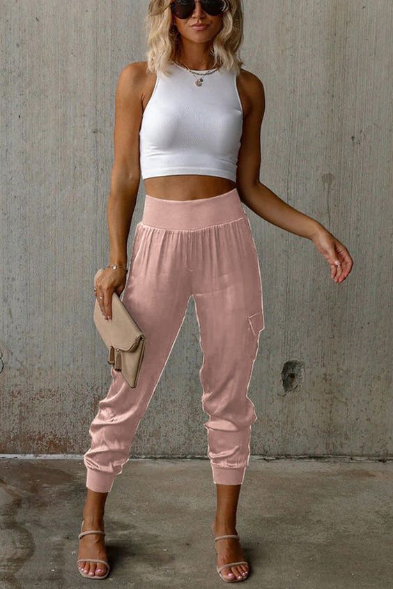 Satin High-Waist Joggers with Fitted Crop Top 