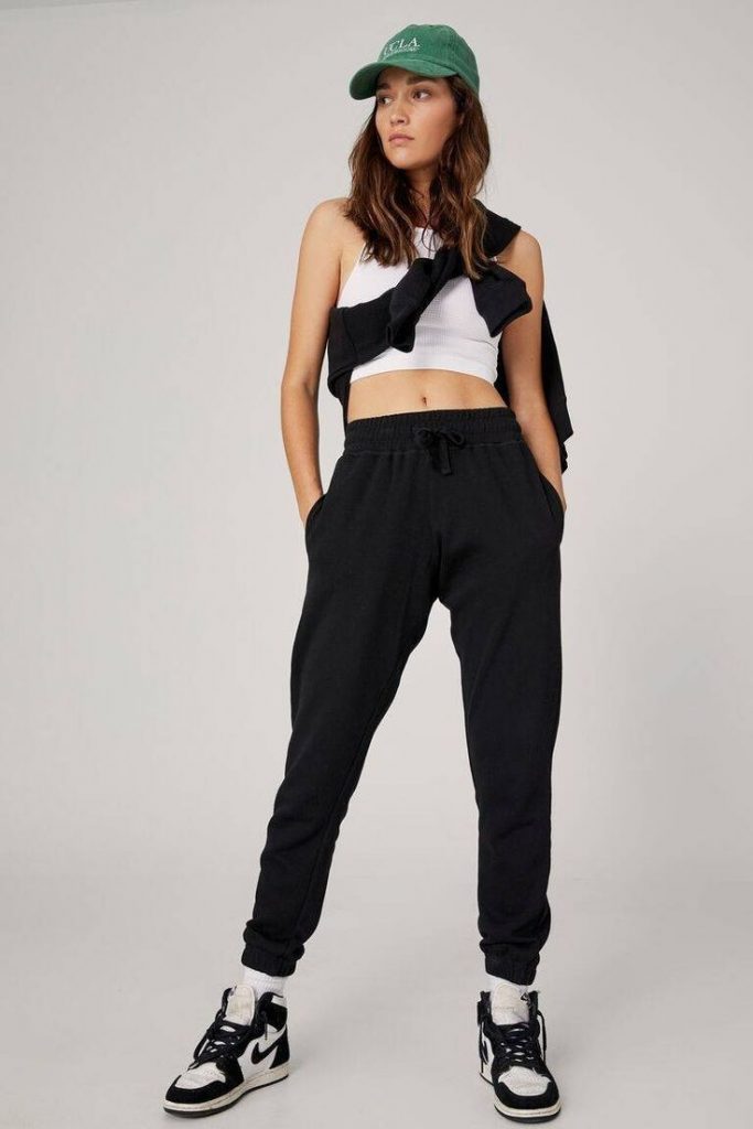 Sweater-Over-Shoulder Athleisure Look with Joggers & Sports Bra