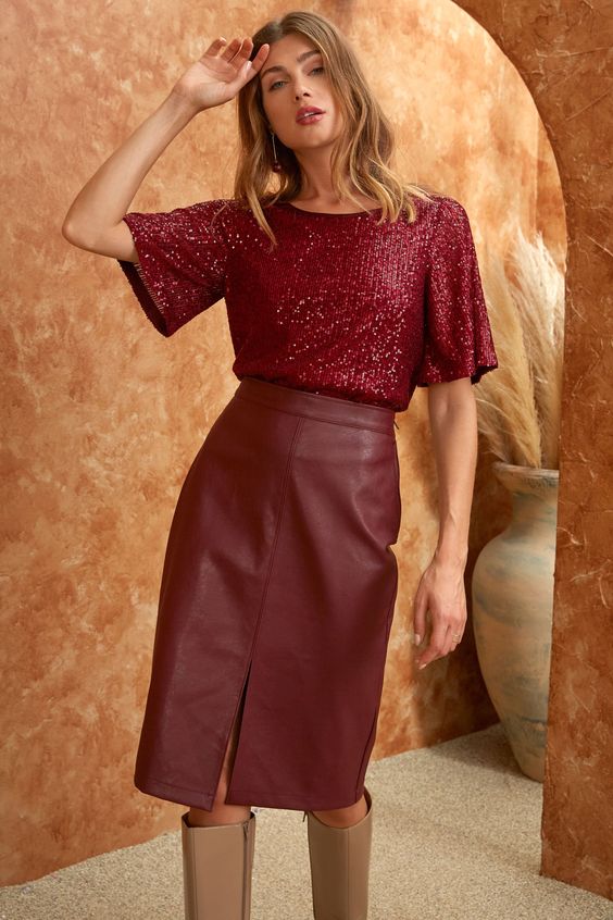 Burgundy Leather Midi Skirt with Sequin Top