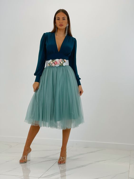 Tulle Midi Skirt & Satin Blouse with Floral Belt