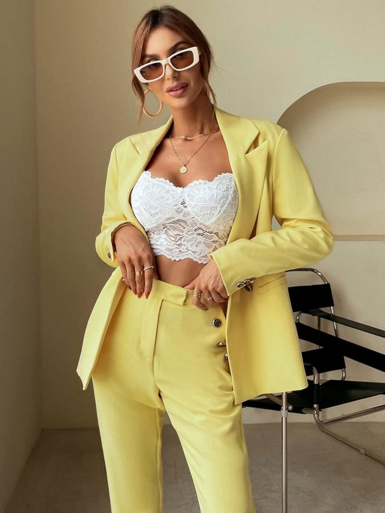 Yellow Pantsuit with White Lace Bralette 