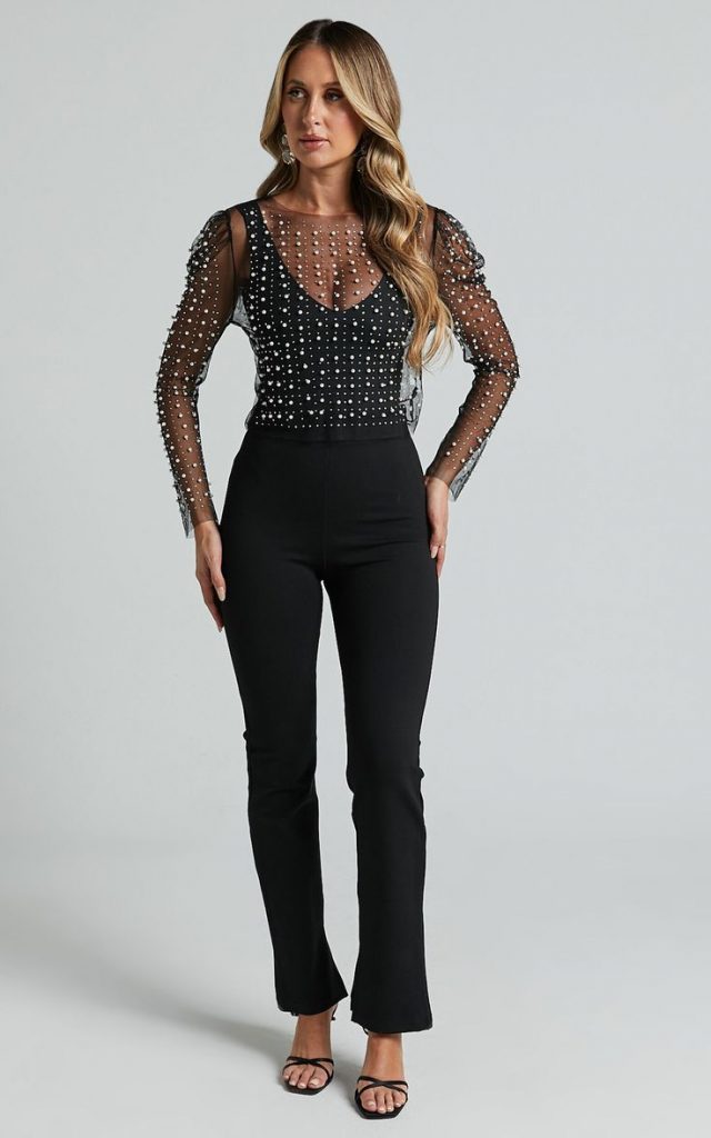 Pearl Mesh Long-Sleeved Top with Black Trousers