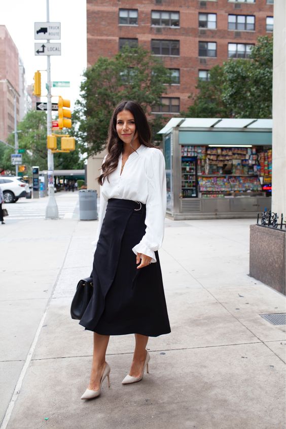 Black Ruffled Skirt with White Blouse for sophisticated Jury Duty look