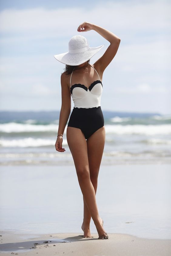 black and white block beach suit