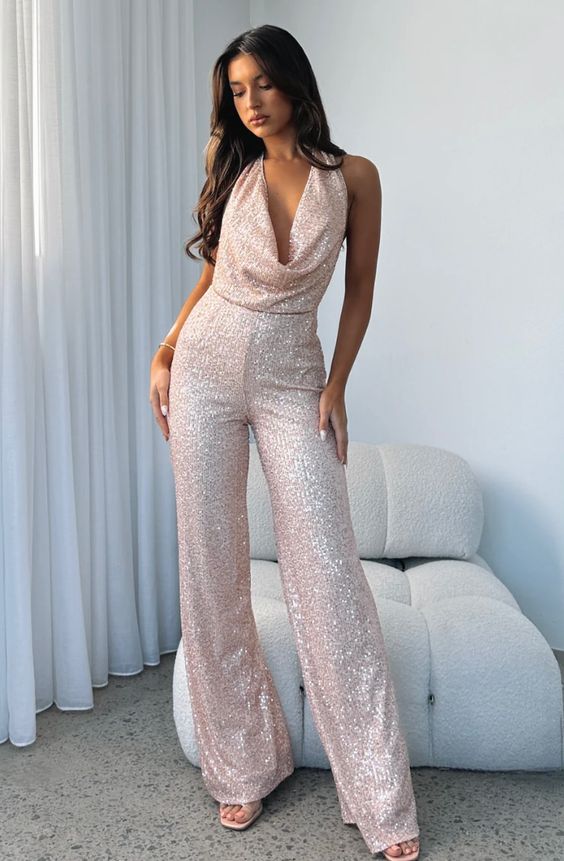 Shimmery Plunging-neck Club Jumpsuit