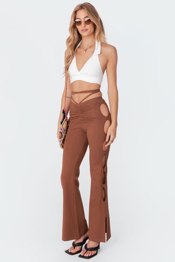 Side Cut-outs Trousers with Halterneck Collared Top