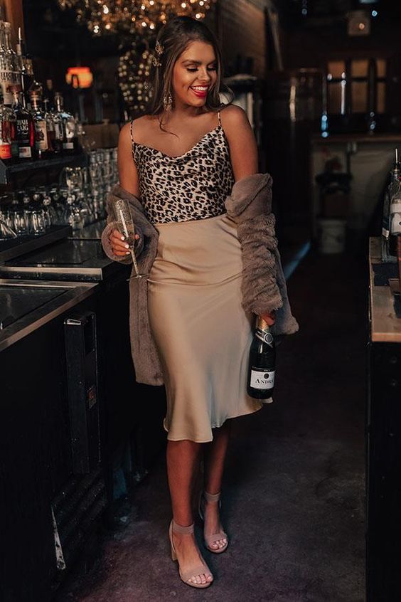 Leopard-Print Top, Satin Midi Skirt with Fur Coat
