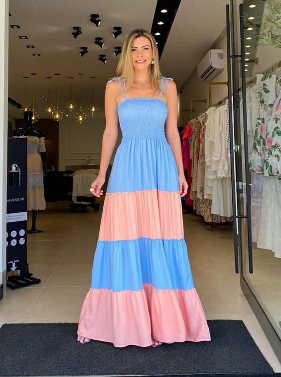 Pink & Blue Colorblock Maxi Dress