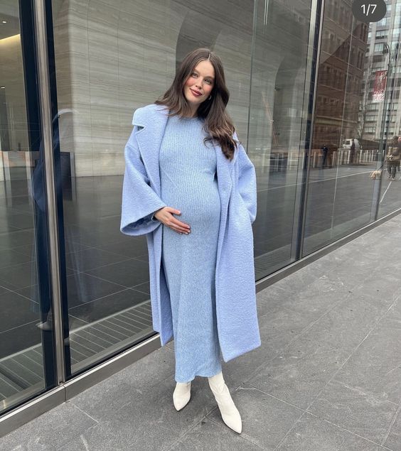 Blue Ribbed Knit Dress with Overcoat