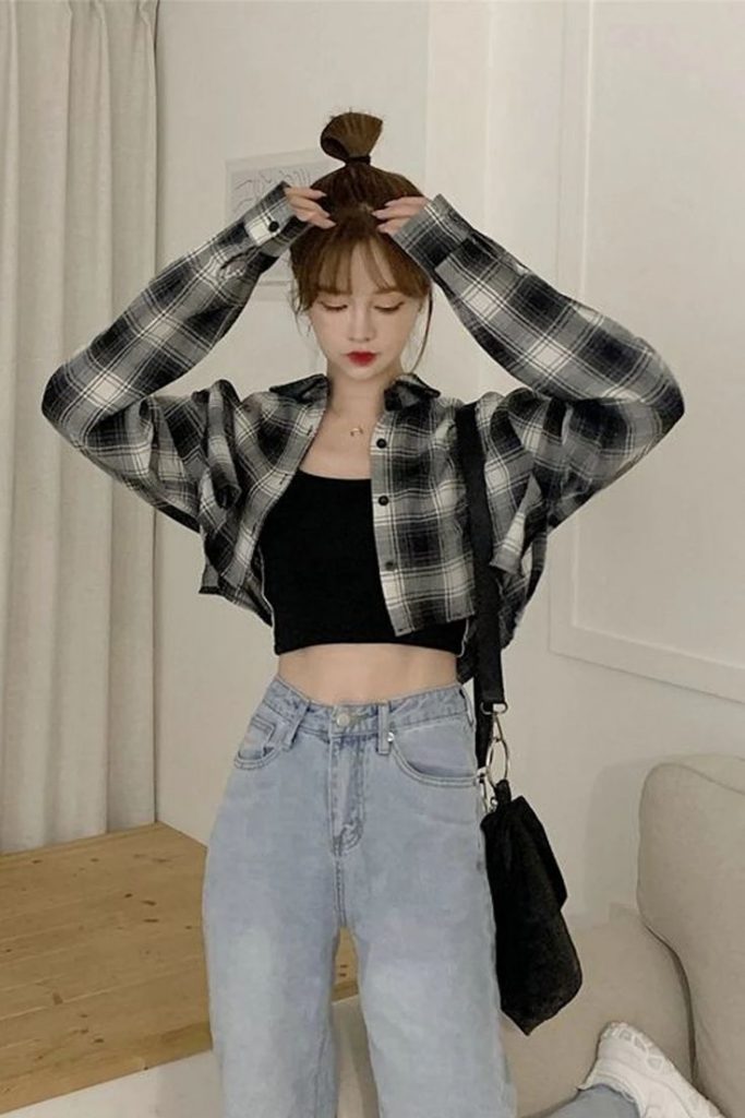 Long sleeve plaid cropped shirt with jeans