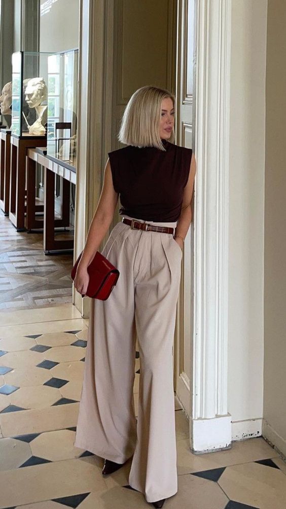High-Neck Side-Ruched Top with Pleated Trousers