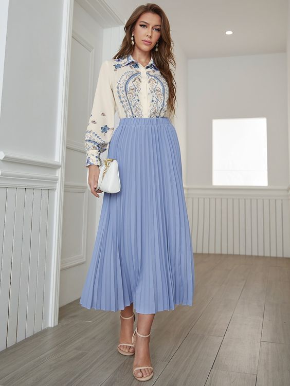 White Floral Shirt & Blue Pleated Skirt