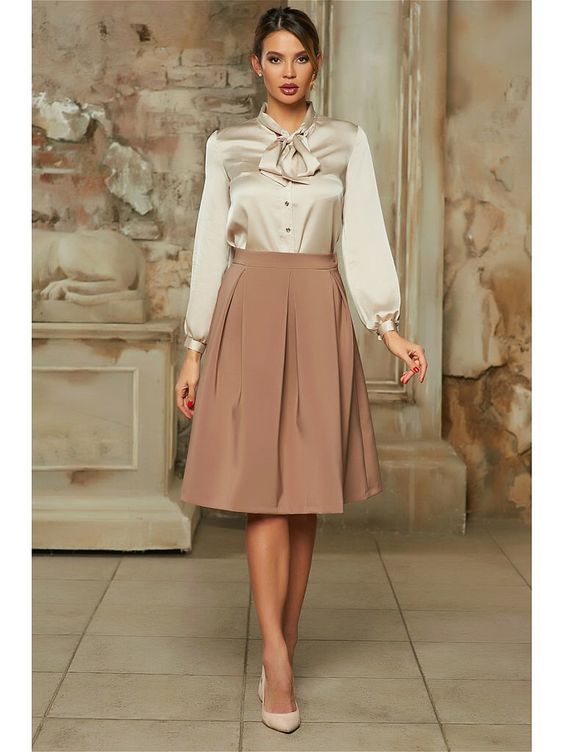 Satin Tie-neck Top with Pleated Skirt