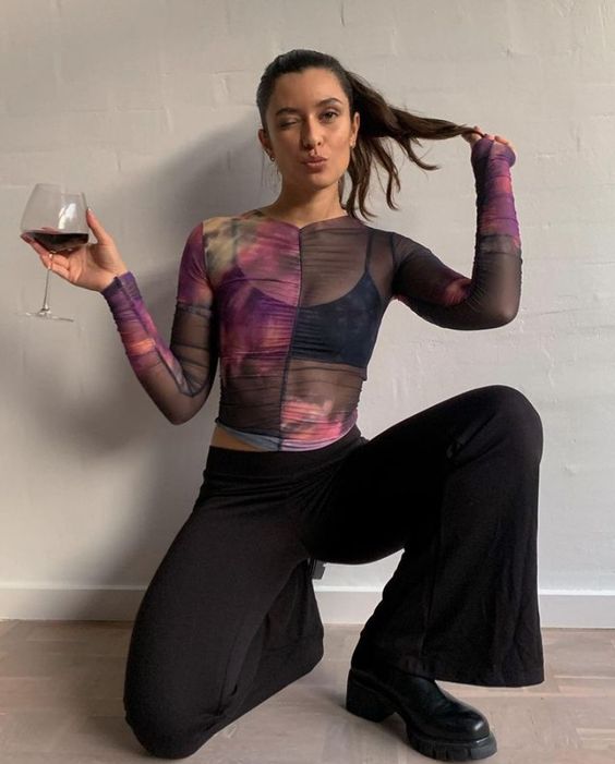 See-through Top with Wide-leg Trousers