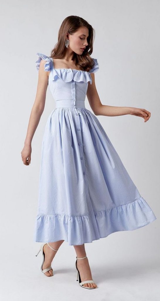 Ruffled Striped Square-neck Button-down Tea Party Dress