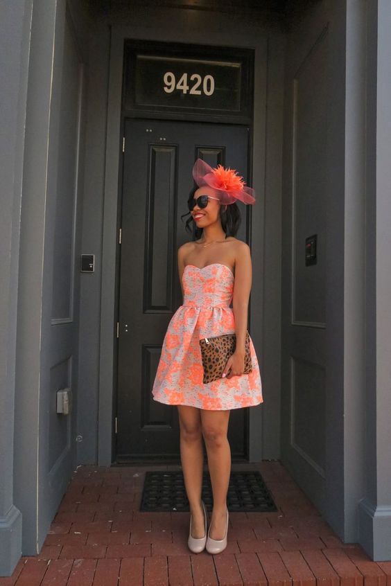 Orange Floral Strapless Sweetheart Neck Mini Tea Party Dress