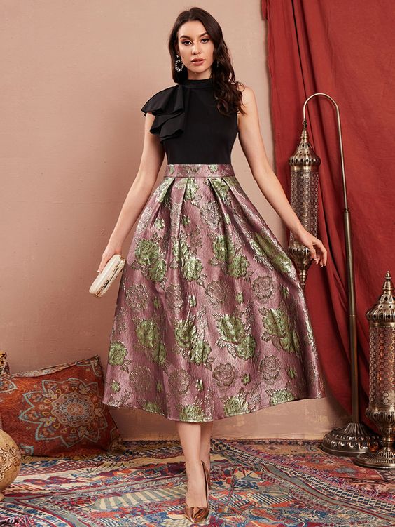 Ruffled Sleeve Top with Jacquard Floral Midi Skirt