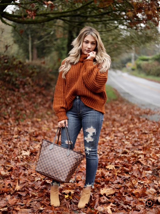Oversized Turtleneck Sweater with Ribbed Jeans