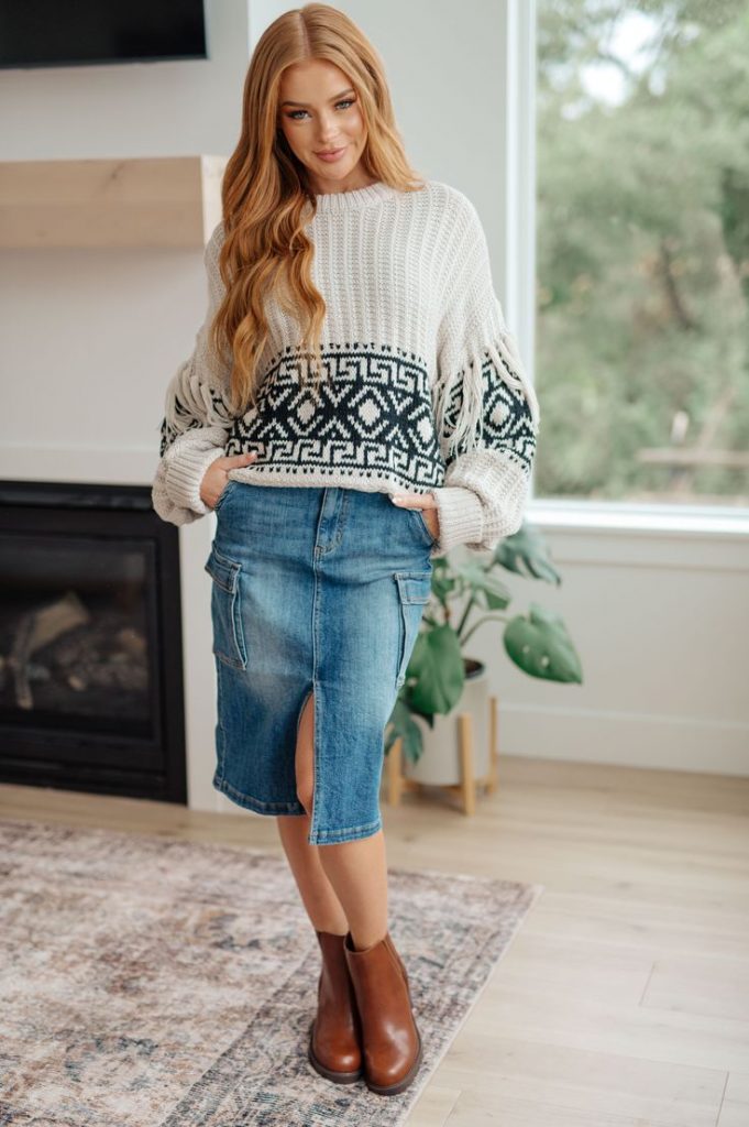 Midi Denim Slit Skirt with Printed Sweater