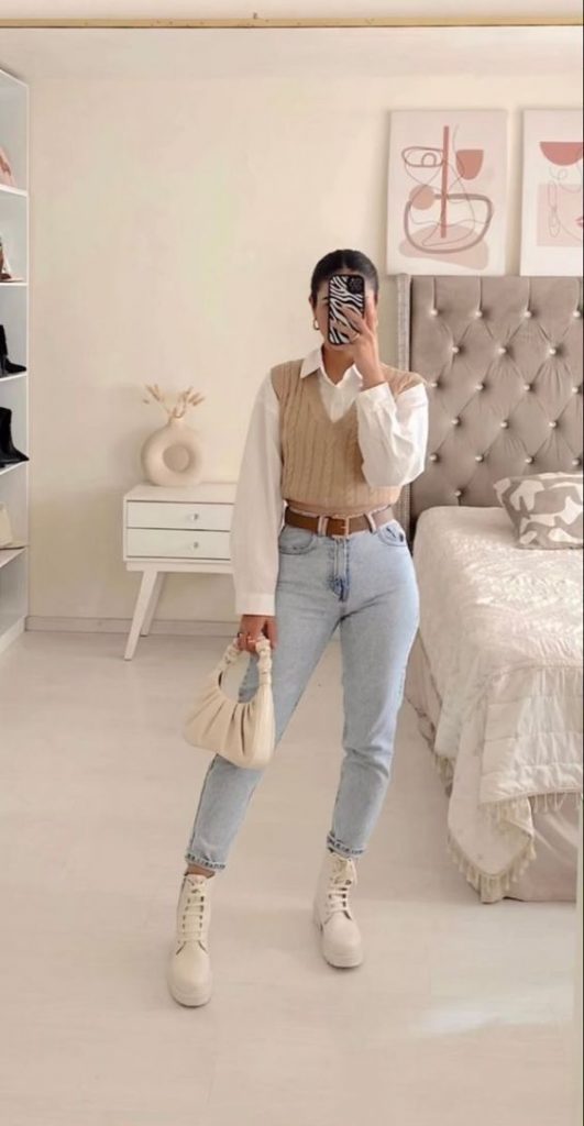 Vest Sweater with Shirt & Jeans