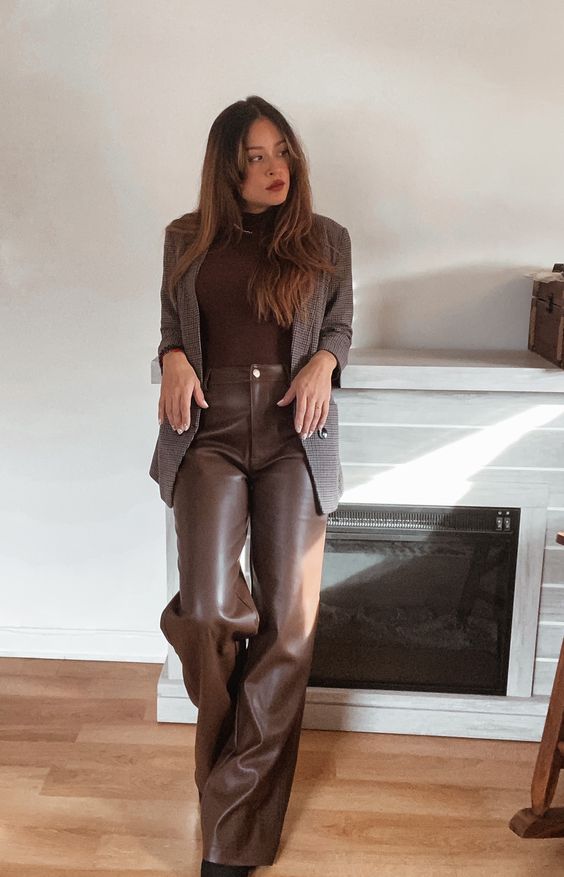 Brown Leather Pants, Top & Blazer