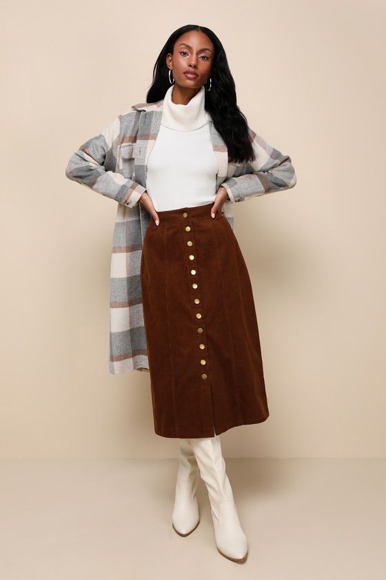 Front-Button Midi Skirt with Turtleneck & Overcoat