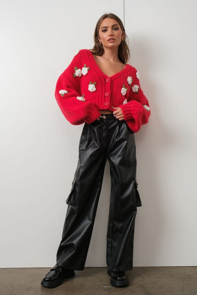 Red 3D Rose Knit Cardigan with Black Leather Pants