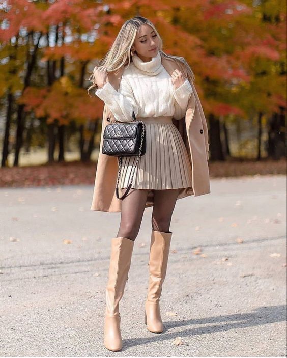 Pleated Mini Skirt with Turtleneck Sweater & Coat