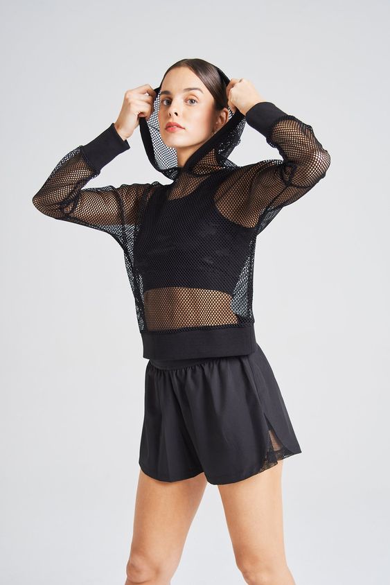 Fishnet Hoodie over Bralette with Shorts