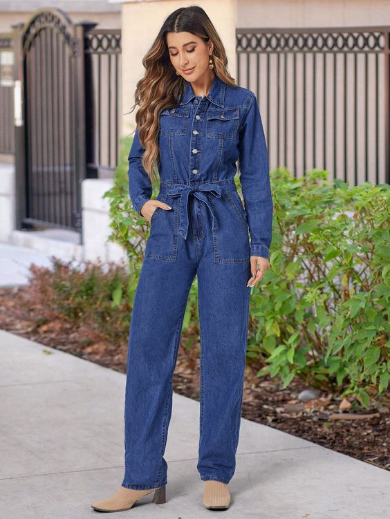 Long-Sleeve Jumpsuit With Shirt Collar