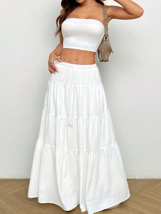 Bandeau top with layered maxi skirt, white outfit