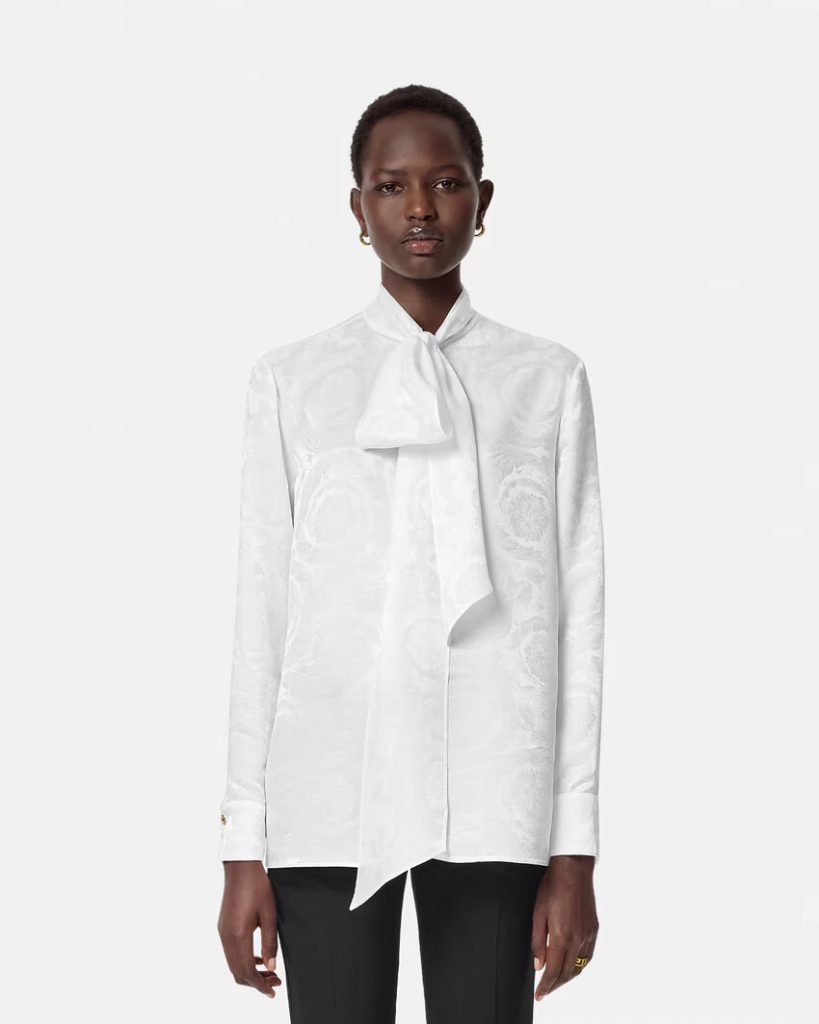 White Barocco Jacquard Lavallière Shirt in Silk Blend