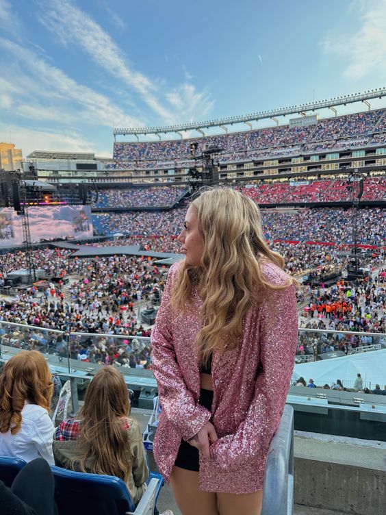 Cropped tube top and sequin coat outfit for Taylor Swift country concert