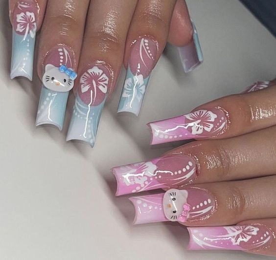 long square Kitty acrylic nails in blue and pink