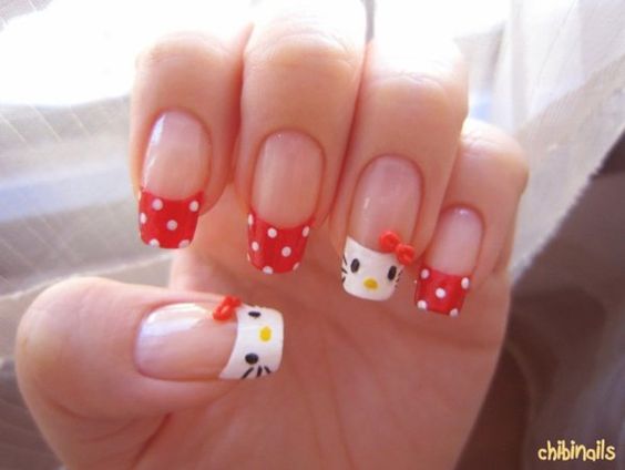 square hello kitty nails with polka dots 
