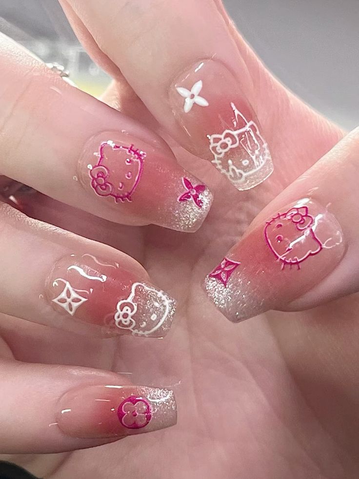 pink ombre kitty nails with glitter tips