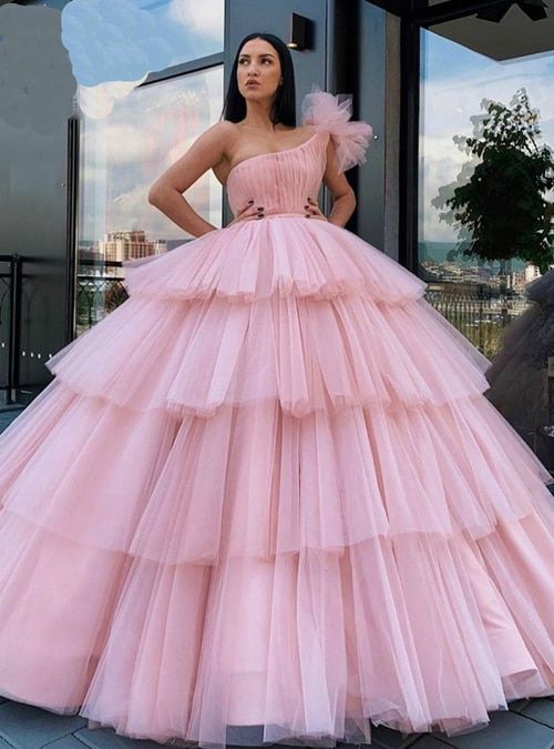 Tulle One Shoulder Pleated Tiers Ball Gown