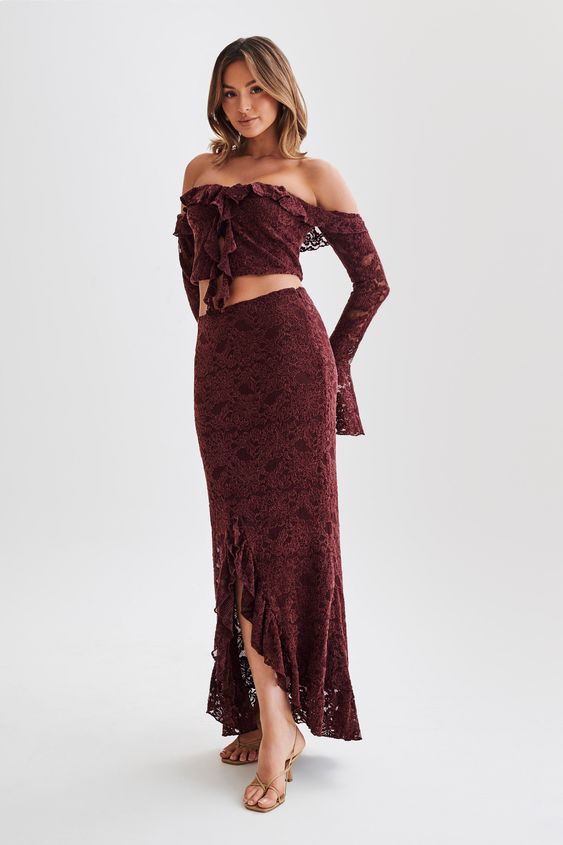 Plum colored off-the-shoulder lace top