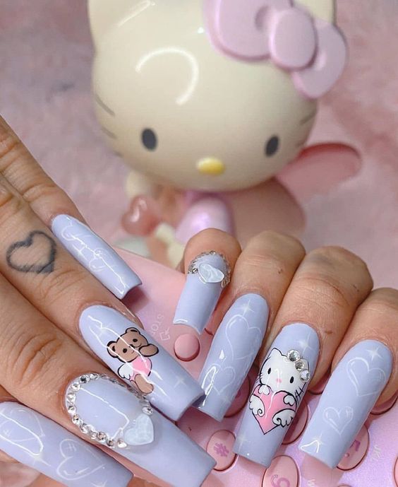 long square hello kitty manicure with rhinestones 