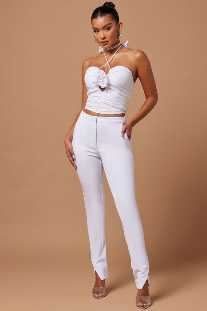 Ruched halter neck mini top & skinny jeans, white outfit