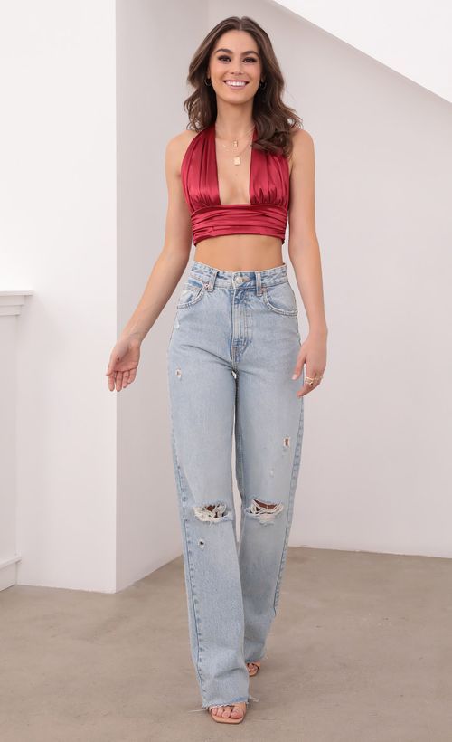 Satin Red Valentine Top with Denims