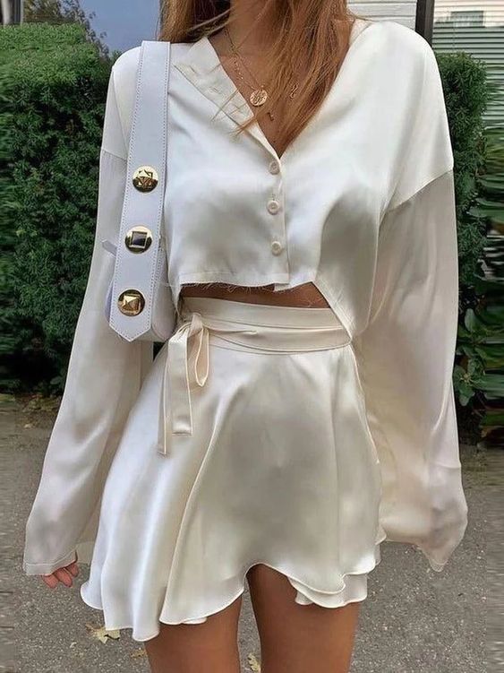 Satin blouse & belted skirt